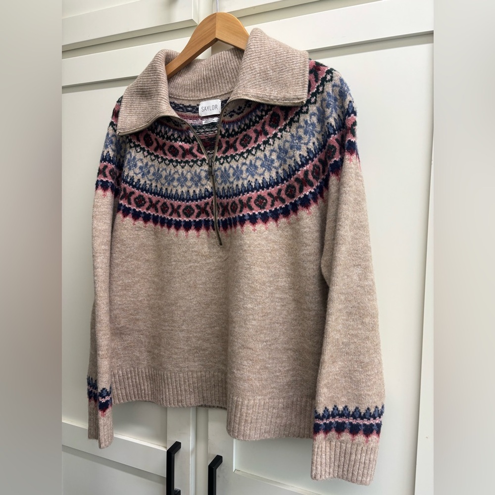 Saylor Casey Shetland Fair Isle Sweater Women’s L Brown Multi Nordic Knit Hygge - Picture 4 of 9